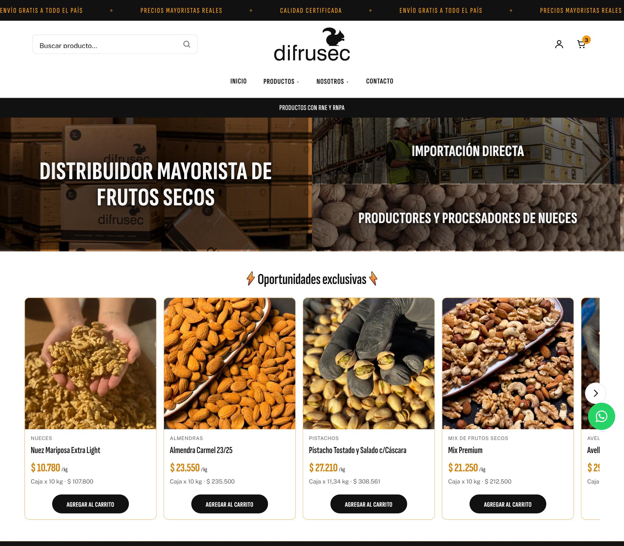 Inicio de la tienda mayorista de Difrusec, con el catálogo y los precios por kilo
